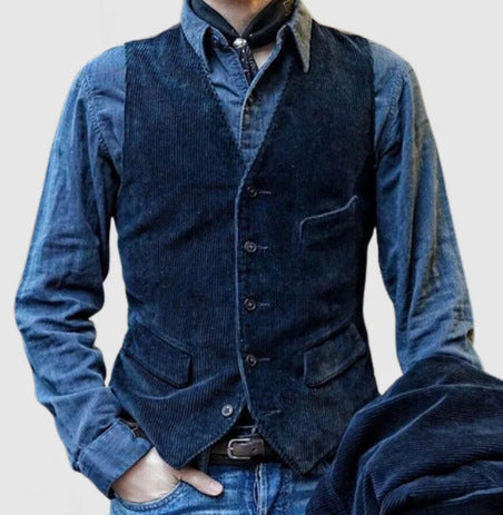 Men's cord waistcoat with V-neck, button placket, and piped patch pockets Mune Fashion