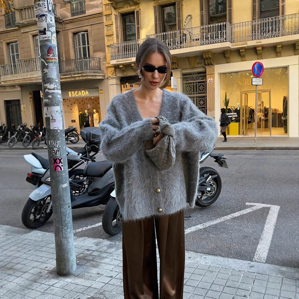Women Fluffy Mohair-Optic Oversized Cardigan with V-Neck and Gold Decorative Buttons Mune Fashion