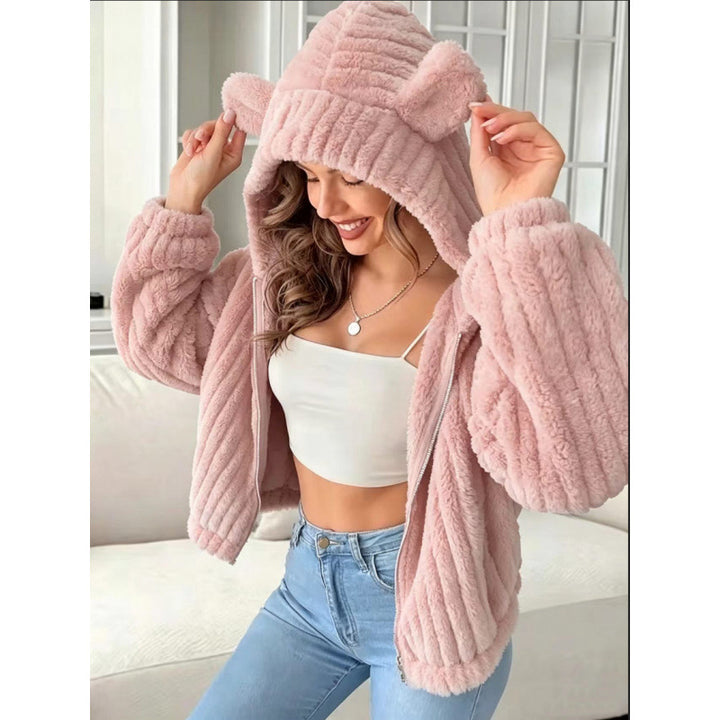 Women's Cozy Teddy Hooded Jacket with Plush Texture and Hood Ears Mune Fashion