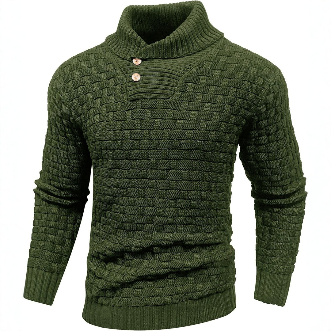 Men's chunky knit sweater with high roll neck, button placket and basket knit Mune Fashion