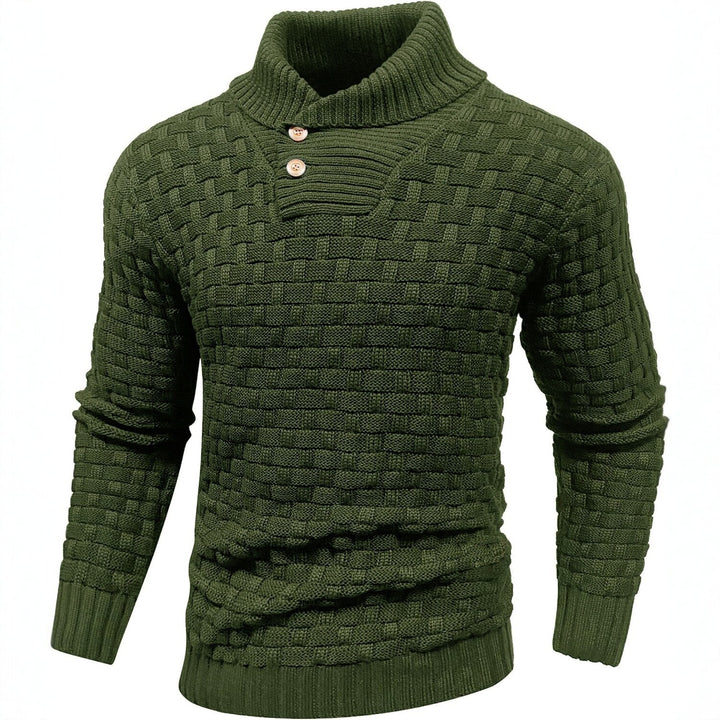 Men's chunky knit sweater with high roll neck, button placket and basket knit Mune Fashion