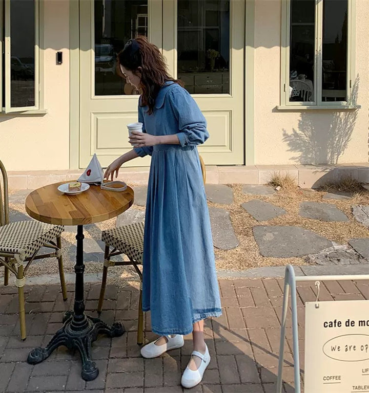 Women's Long Chambray Midaxi Shirt Dress with Ruffled Waist Yoke and Wide Skirt Pleats Mune Fashion