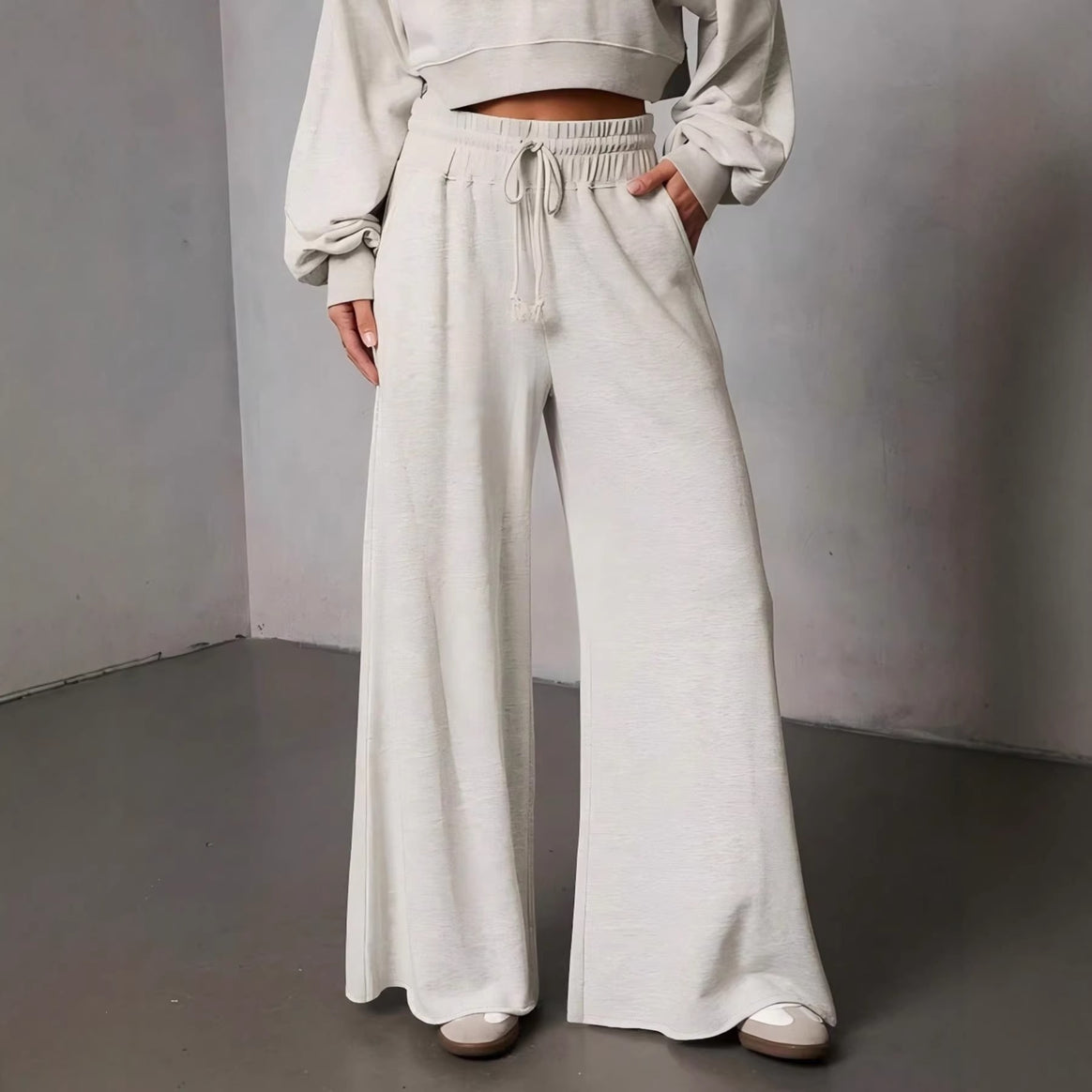 Women Wide High-Waist Lounge Pants with Drawstring and Side Pockets Mune Fashion