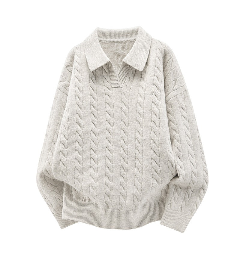 Women's Oversized Cable Knit Polo Sweater with V-Neck and Ribbed Hem Mune Fashion
