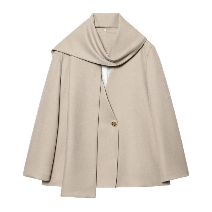 Women's Short Cape Coat with Overlapping Shawl Collar and One-Button Closure Mune Fashion