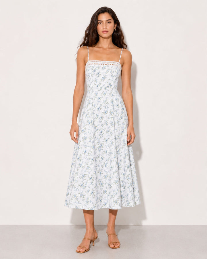 Women's Vintage-inspired Midi Dress with Slim Spaghetti Straps, Lace Insert and Flared Skirt Mune Fashion