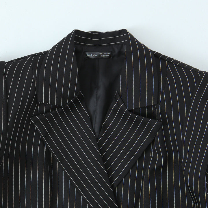 Women Double-breasted Oversized Blazer with Pinstripes and Distinctive Shoulder Pads Mune Fashion