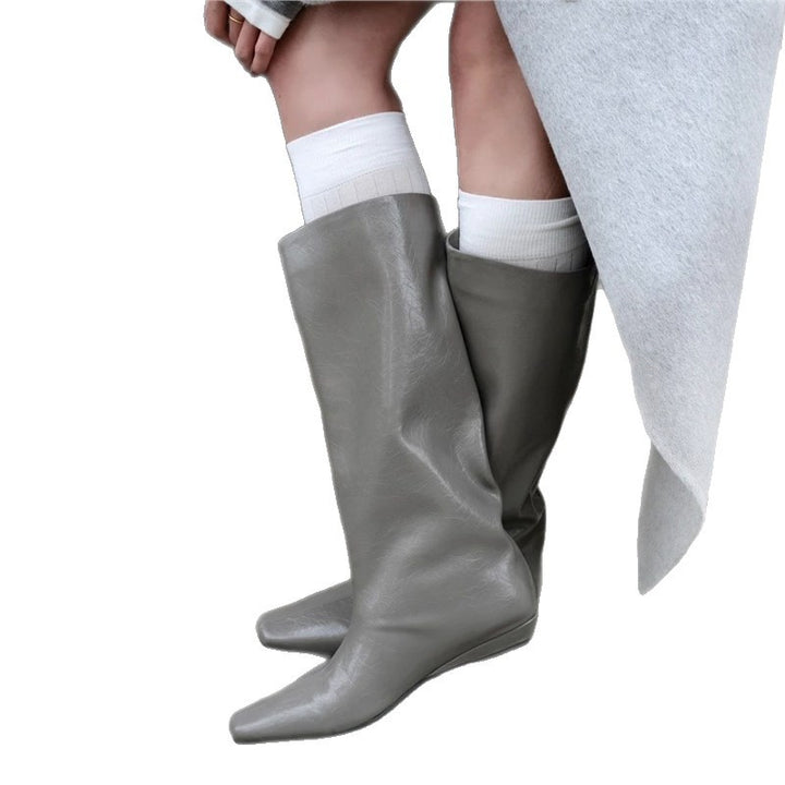 Women Soft Knee-High Slouch Boots with Pointed Toe Shape and Ergonomic Flat Sole Mune Fashion