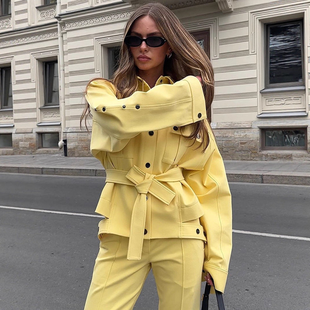 Women's Utility Blazer with Tie Belt and High-Waisted Trousers Mune Fashion
