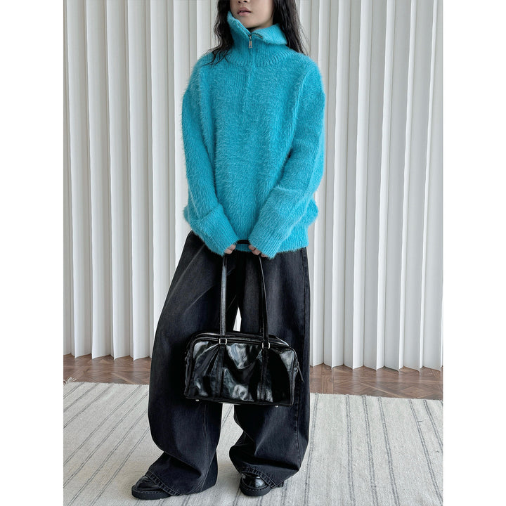 Women's fluffy stand-up collar sweater with half zipper Mune Fashion