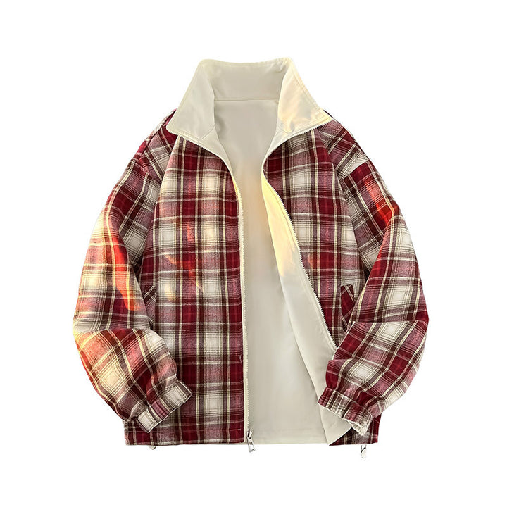 Unisex Reversible Utility Jacket with checked lining, stand-up collar and elastic cuffs Mune Fashion