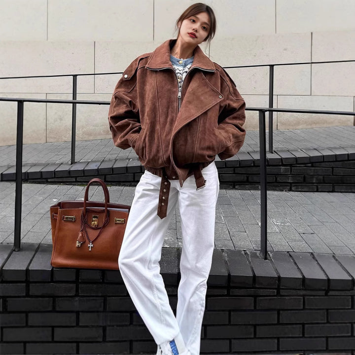 Women Oversized Suede Bomber Jacket with Waist Belt and Shawl Collar Mune Fashion