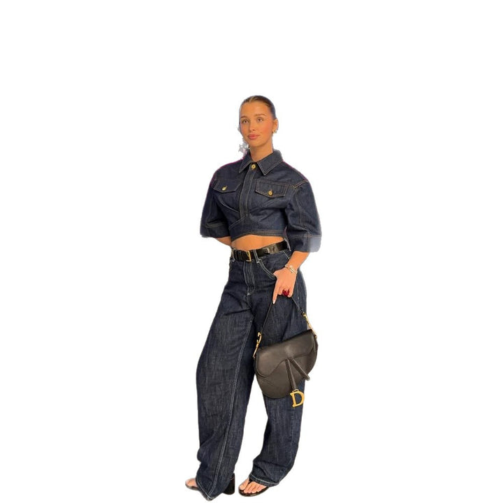 Women's cropped denim jacket with boxy silhouette, flap pockets, and shortened waistline Mune Fashion