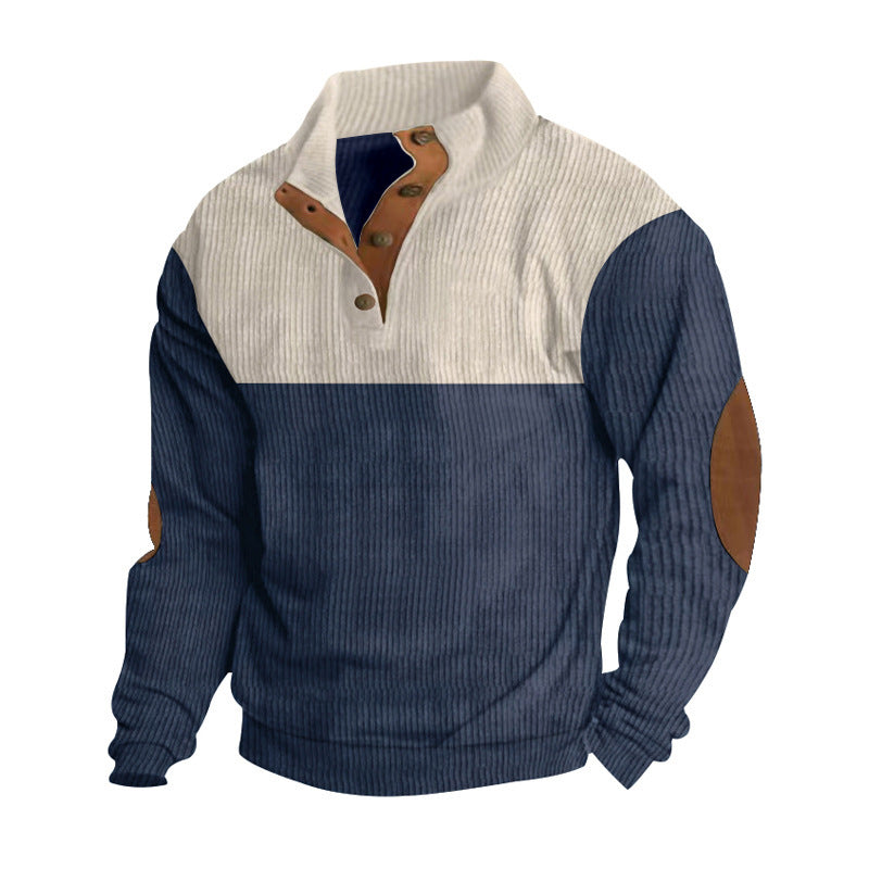Men's ribbed knit sweater with standing collar, button placket, and leather elbow patches Mune Fashion