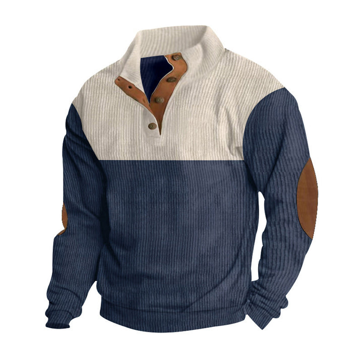 Men's ribbed knit sweater with standing collar, button placket, and leather elbow patches Mune Fashion