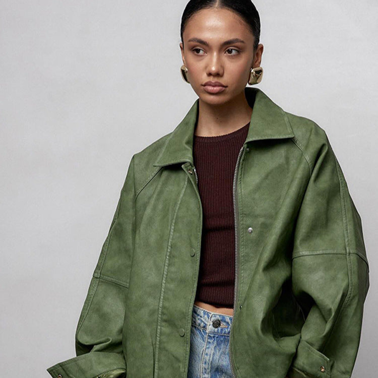 Women's Oversized Faux Leather Jacket in Boxy Cut with Raglan Sleeves and Two-Way Zipper Mune Fashion