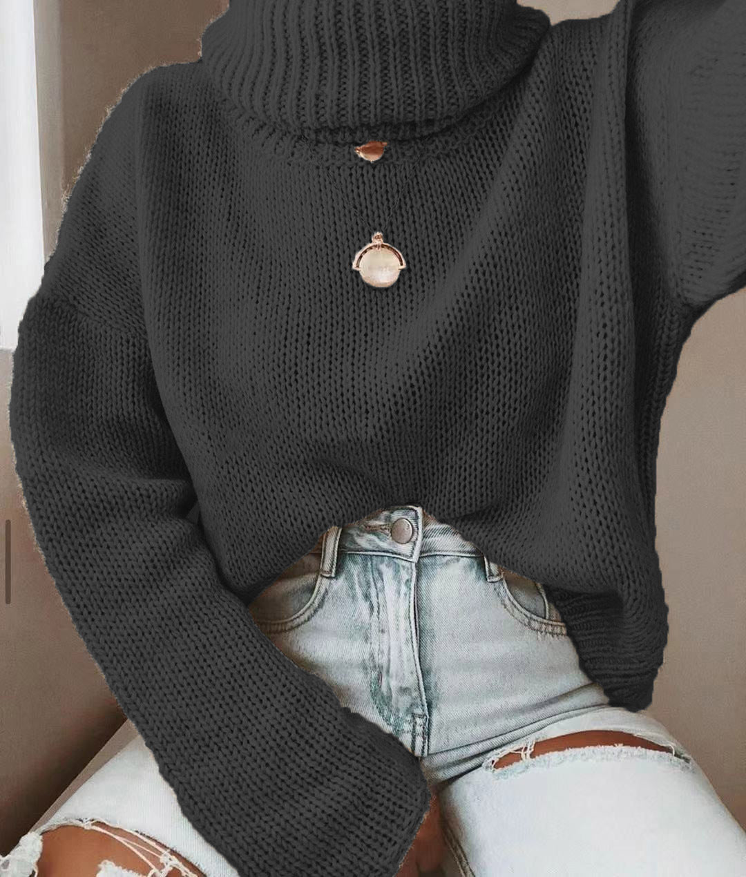 Women's Oversized Turtleneck Sweater Coarsely Knitted with Loose Fit Mune Fashion