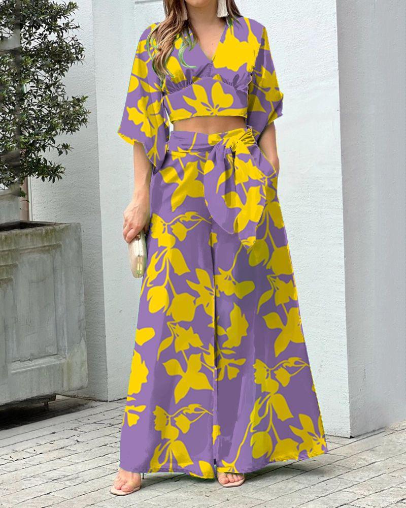 Women's Two-Piece Summer Set with Wrap Crop Top and High-Waist Palazzo Pants EB