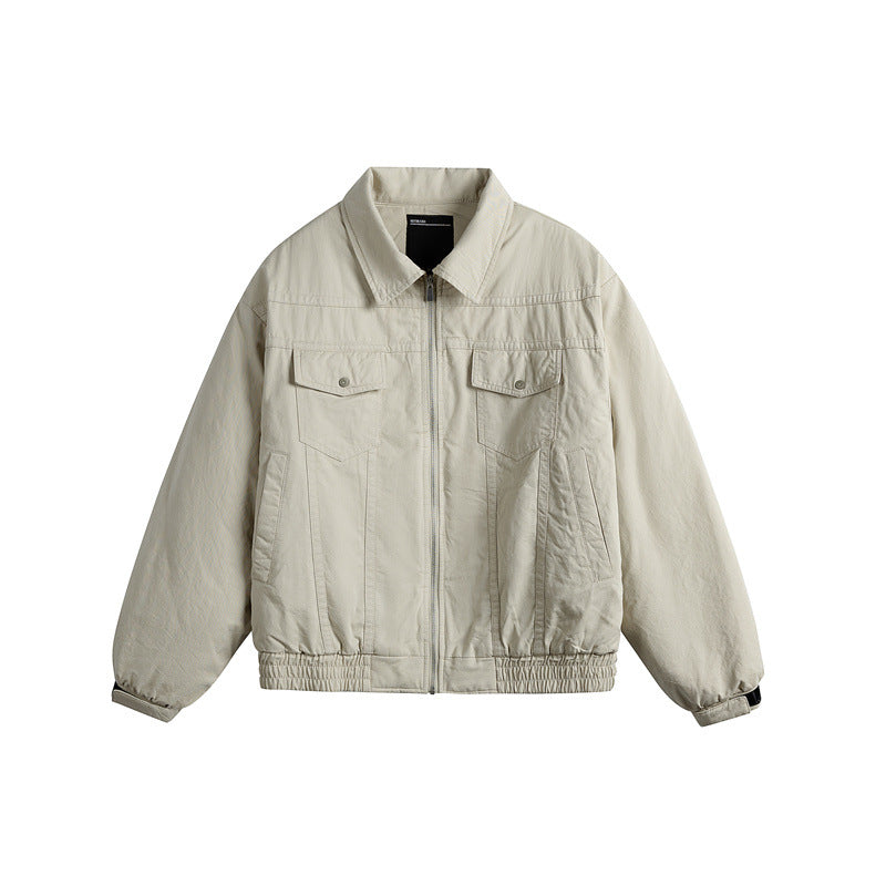 Men's short boxy blouson with shirt collar, utility chest pockets, and elastic hem Mune Fashion