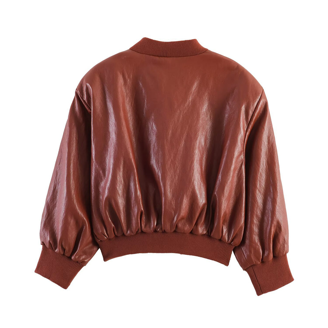 Women's Shiny Faux Leather Bomber Jacket with Ribbed Collar, Concealed Snap Button Placket and Kangaroo Pockets Mune Fashion