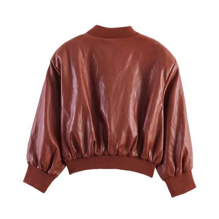 Women's Shiny Faux Leather Bomber Jacket with Ribbed Collar, Concealed Snap Button Placket and Kangaroo Pockets Mune Fashion
