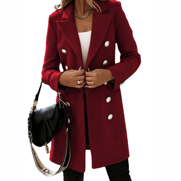 Women nan tailored double-breasted wool blend coat with lapel collar and decorative buttons Mune Fashion
