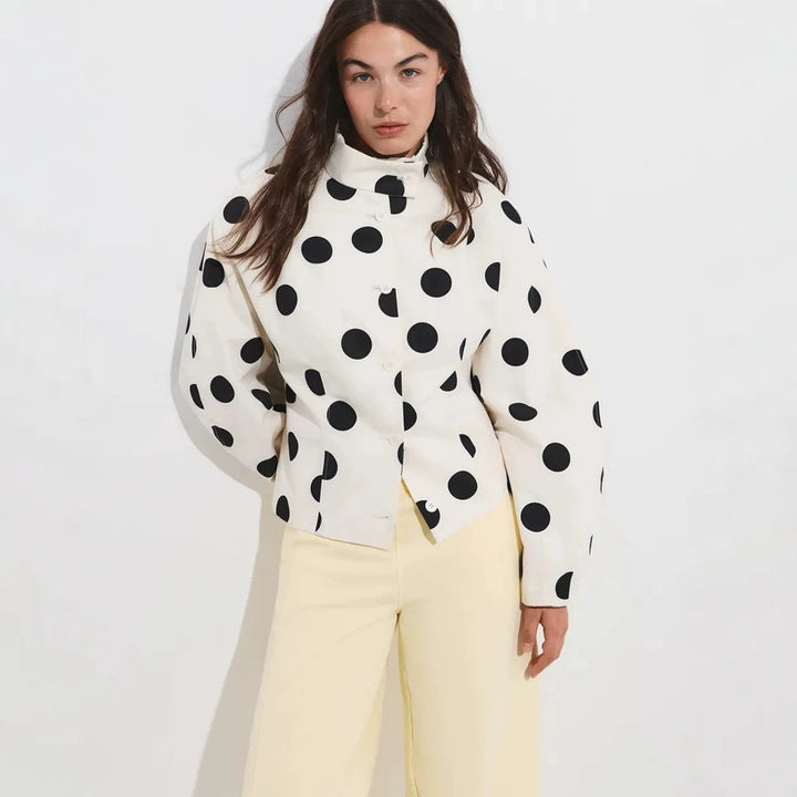 Women's Polka Dot Stand Collar Blouse with Oversized Sleeves and Boxy Cropped Silhouette Mune Fashion