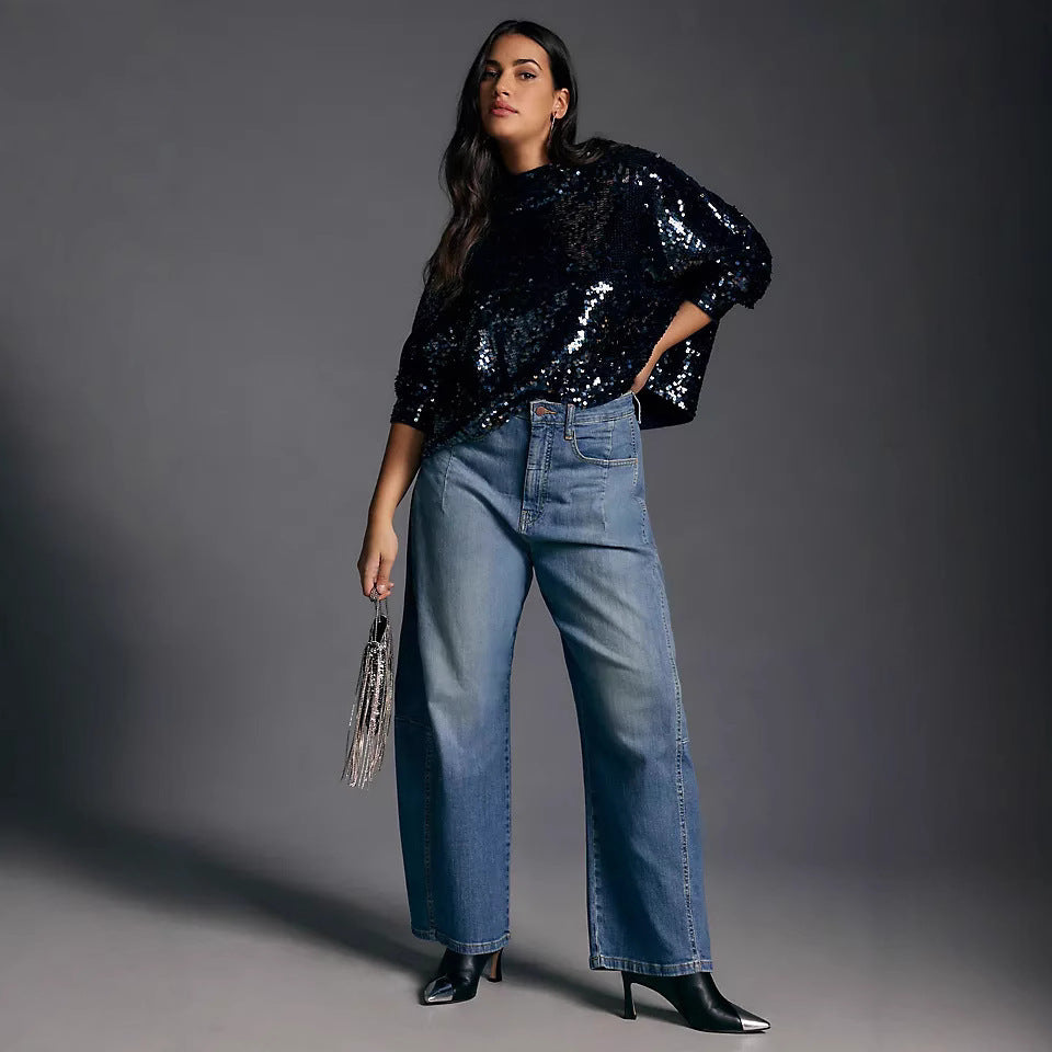 Women's high-cut wide culotte jeans with cropped length and decorative seam details Mune Fashion