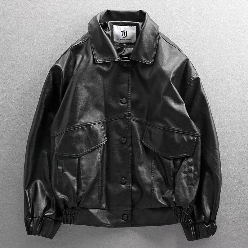 Men's Oversized Faux Leather Utility Jacket with Flap Pockets and Elastic Hem Mune Fashion