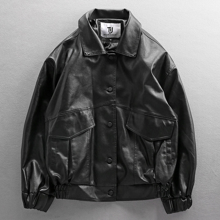 Men's Oversized Faux Leather Utility Jacket with Flap Pockets and Elastic Hem Mune Fashion
