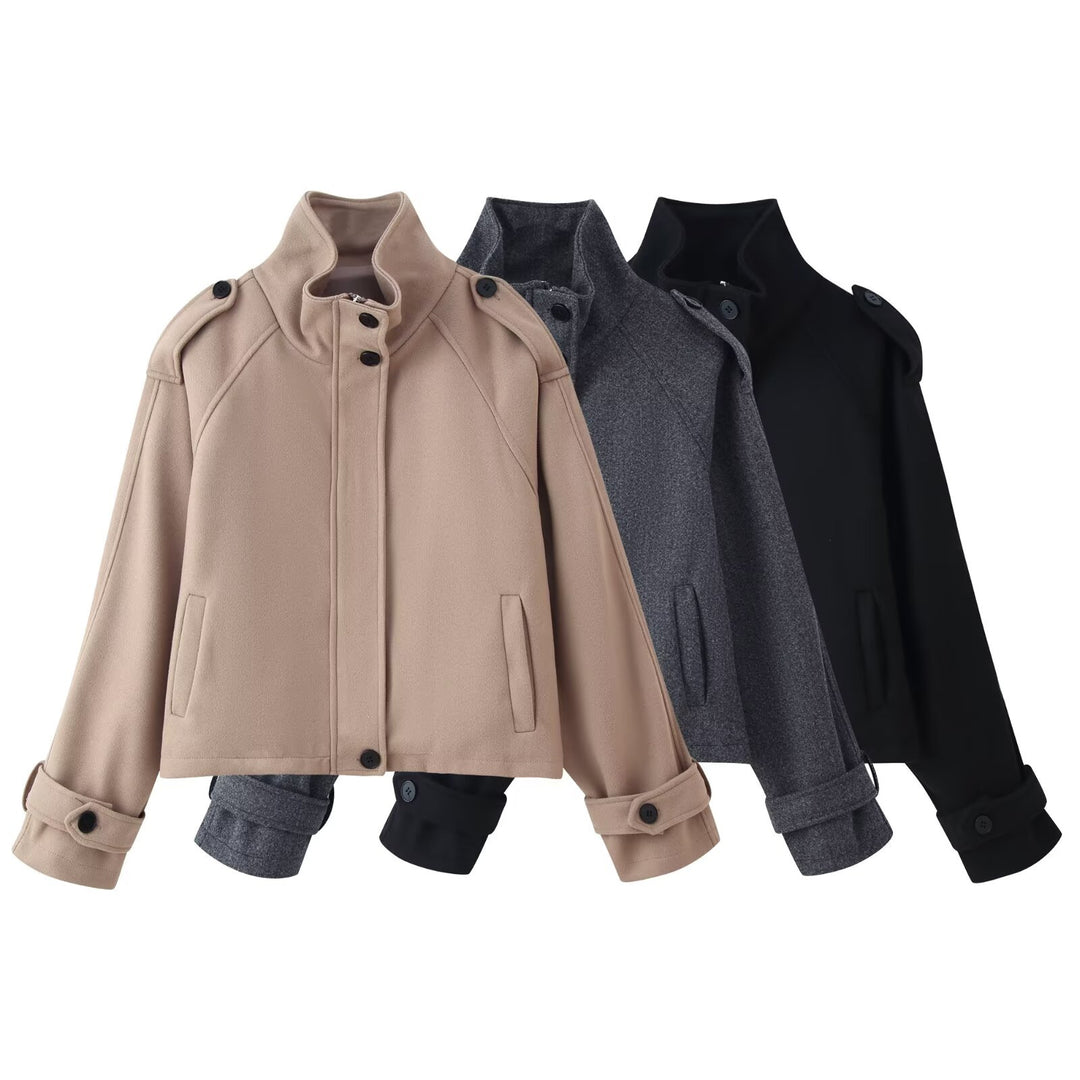 Women's short wool jacket with stand-up collar, shoulder flaps, concealed button placket, and adjustable cuffs Mune Fashion