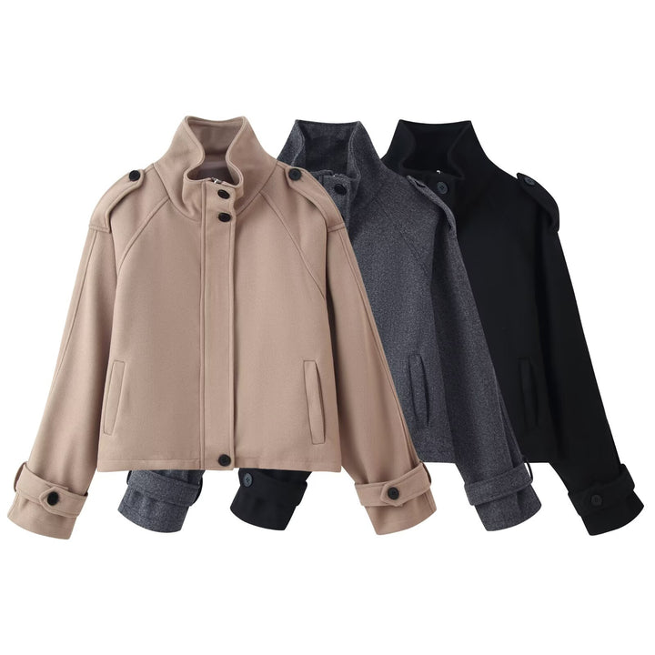 Women's short wool jacket with stand-up collar, shoulder flaps, concealed button placket, and adjustable cuffs Mune Fashion