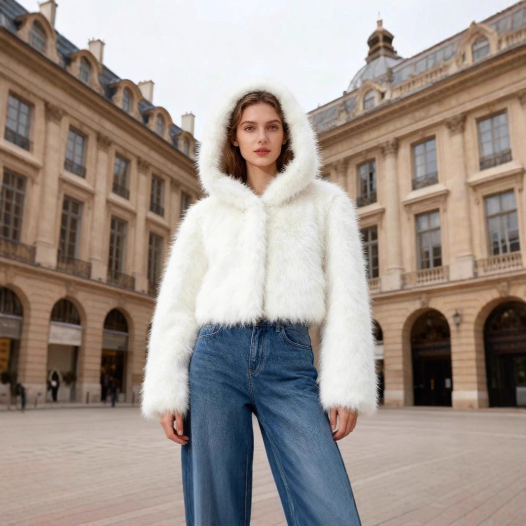Women's Cropped Faux Fur Jacket with Hood, Smooth High-Pile Look and Narrow Hem Mune Fashion