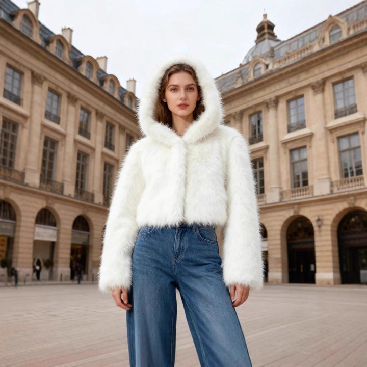 Women's Cropped Faux Fur Jacket with Hood, Smooth High-Pile Look and Narrow Hem Mune Fashion