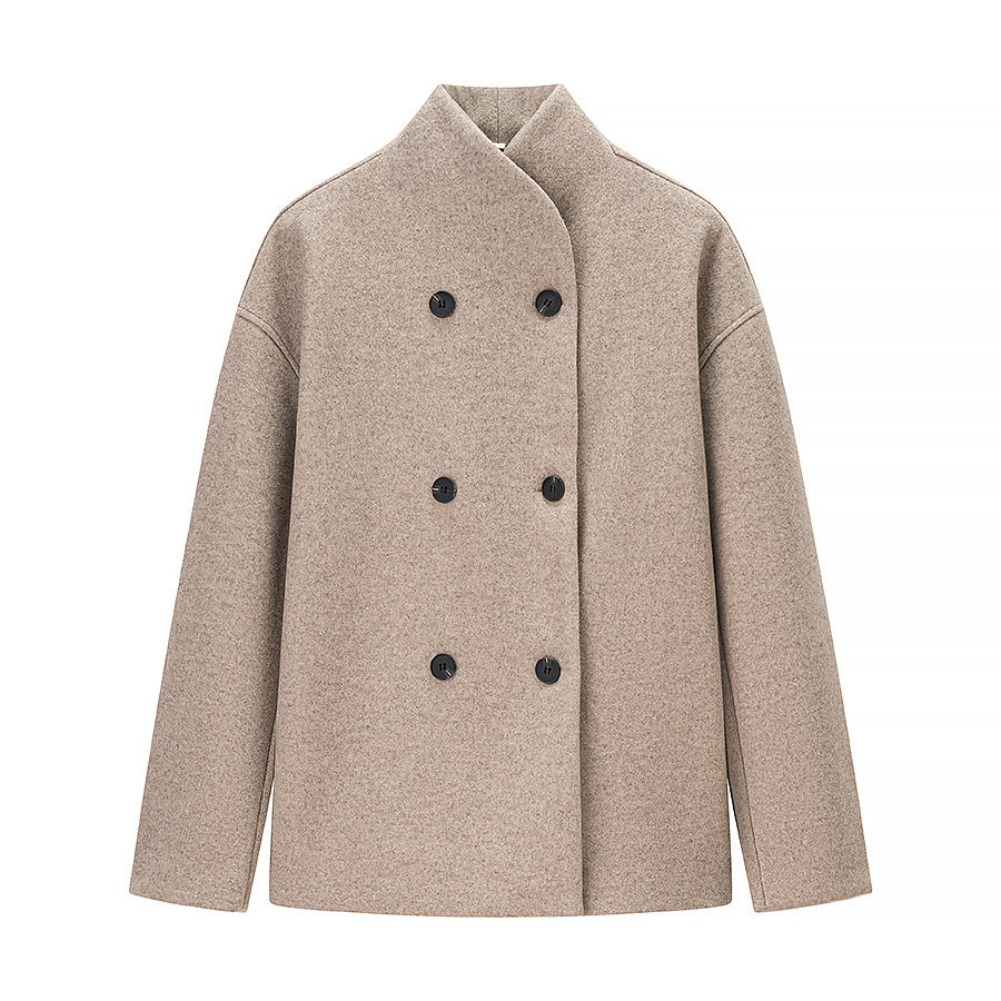 Ladies Short Double-Breasted Wool Coat with Stand-up Collar Mune Fashion