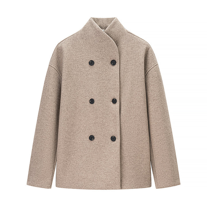 Ladies Short Double-Breasted Wool Coat with Stand-up Collar Mune Fashion