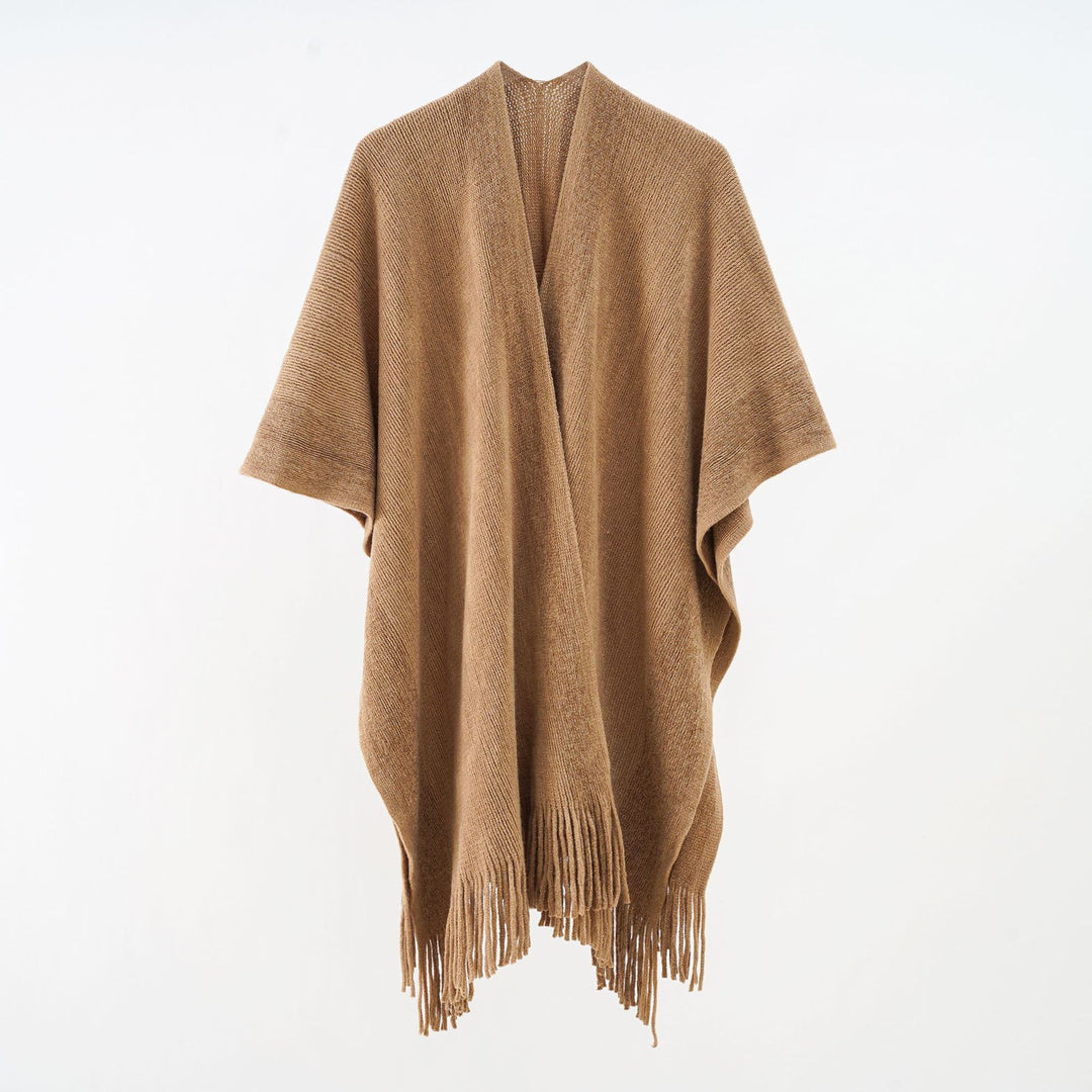Women Oversize Knit Cape with Fringes and Contrasting Border Mune Fashion