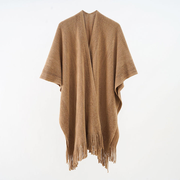 Women Oversize Knit Cape with Fringes and Contrasting Border Mune Fashion