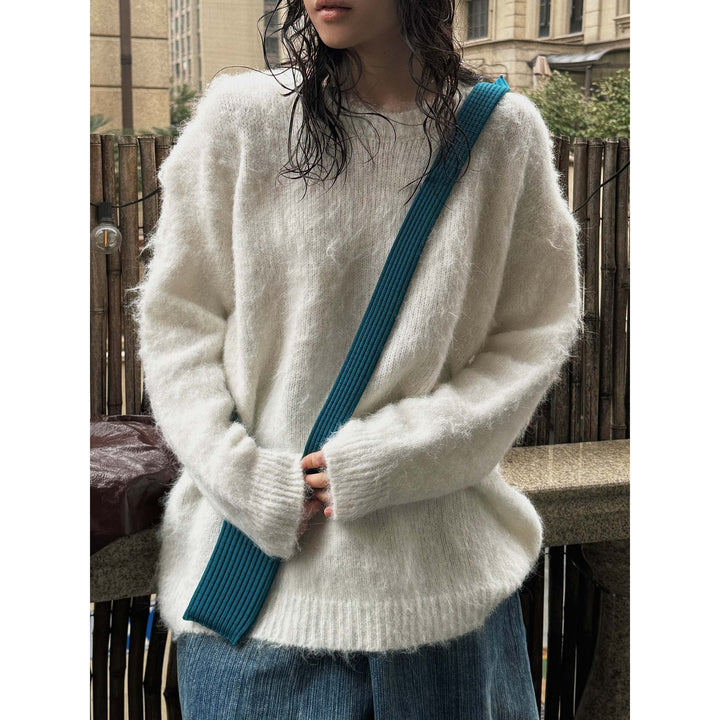Women Soft Oversize Mohair-Optic Sweater with Ribbed Hem and Round Neckline Mune Fashion