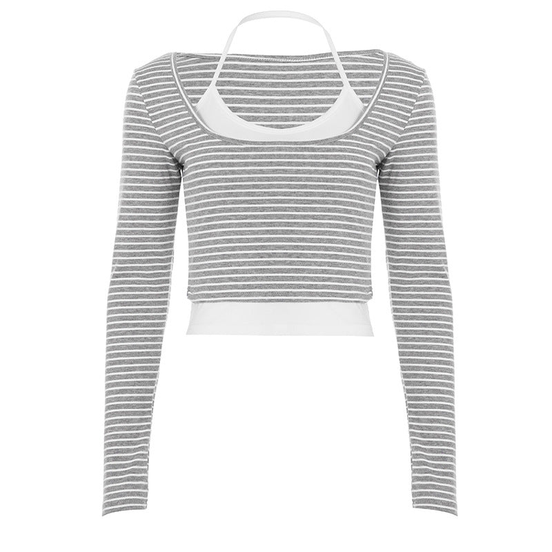 Women's gathered layering cropped top with integrated bustier and fine stripe knit Mune Fashion