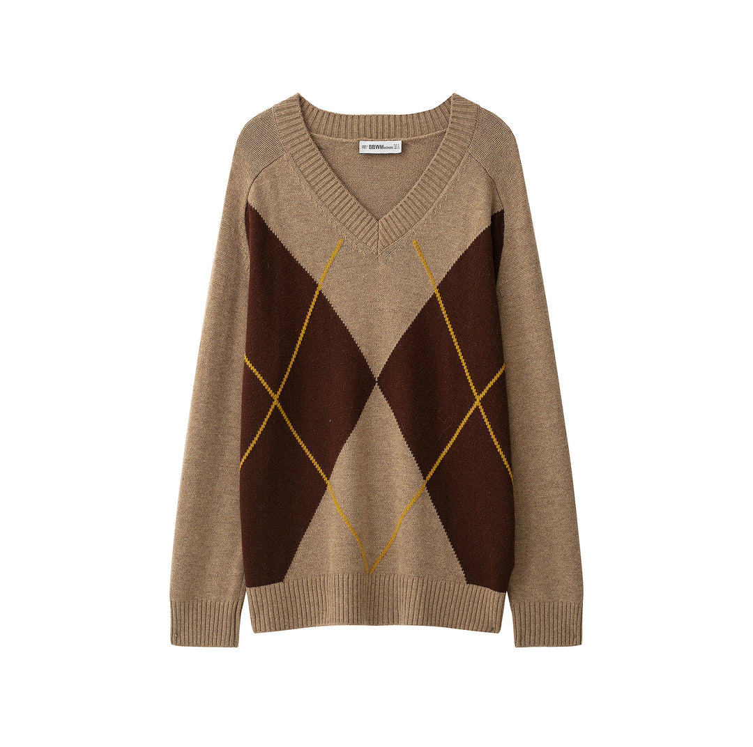 Ladies Argyle V-neck pullover made of fine knit with raglan sleeves and ribbed cuffs Mune Fashion