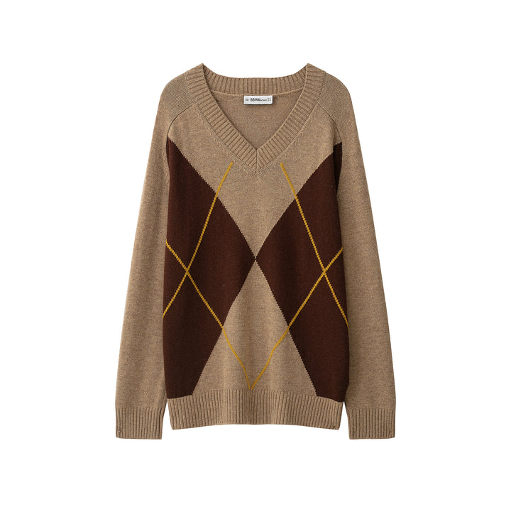 Ladies Argyle V-neck pullover made of fine knit with raglan sleeves and ribbed cuffs Mune Fashion