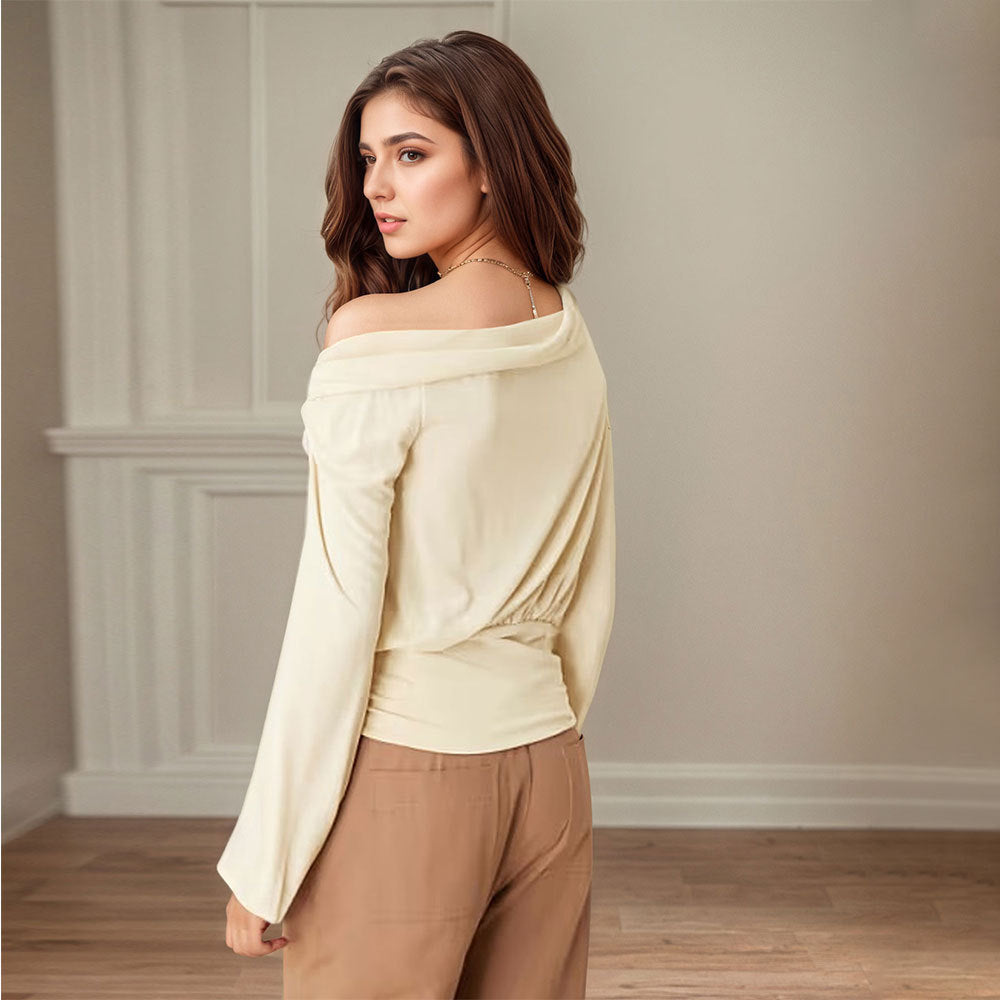 Women’s asymmetric one-shoulder blouse shirt with knot detail and fitted hem