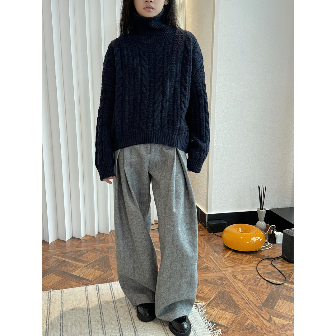 Women Chunky Knit Turtleneck Sweater with Cable Pattern and Relaxed Fit Mune Fashion