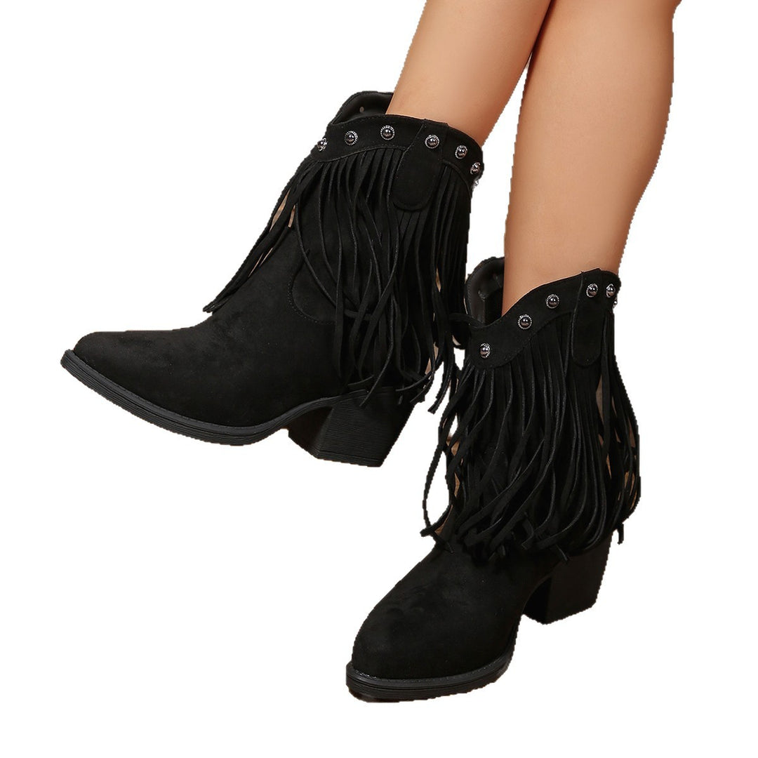 Women’s cowboy ankle boots made of suede with fringes and studded detailing mid-high block heel Mune Fashion