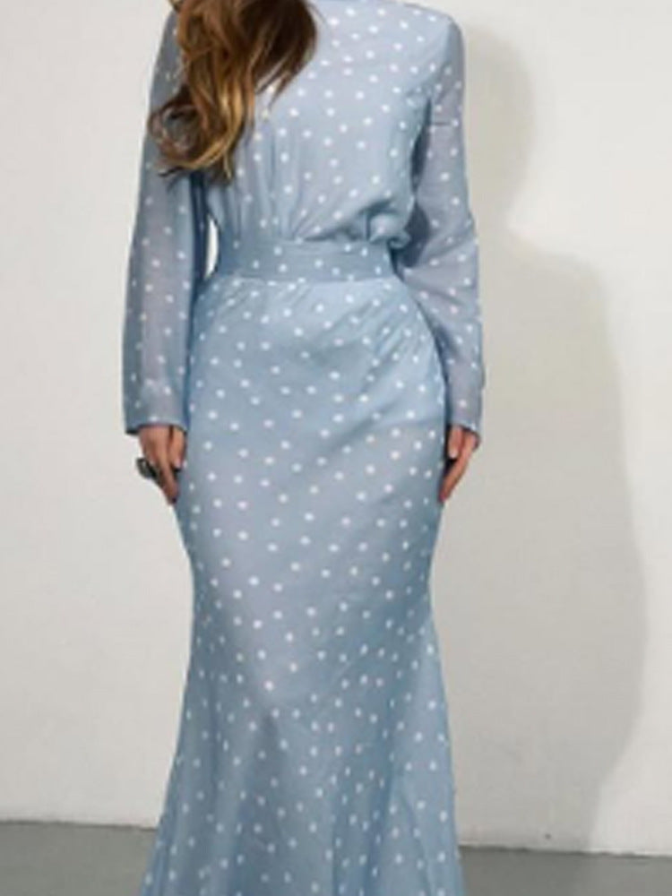 Women's maxi dress with waist-accentuating mermaid silhouette and polka dot print Mune Fashion