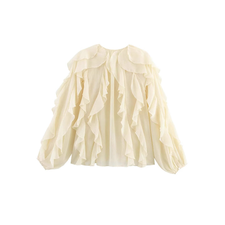 Ladies sheer chiffon blouse with layered ruffles, wide balloon sleeves, and full button placket Mune Fashion