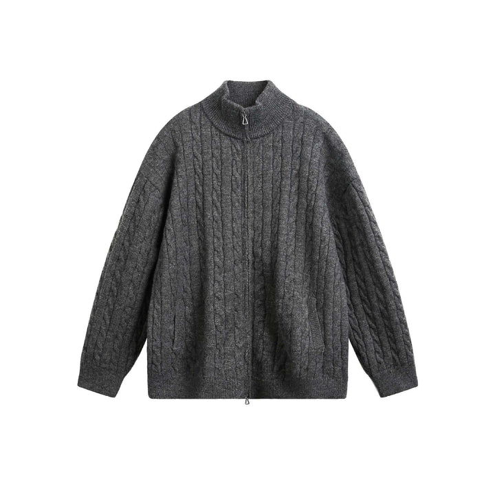 Unisex chunky knit pullover with cable pattern, high stand-up collar and two-way zipper Mune Fashion