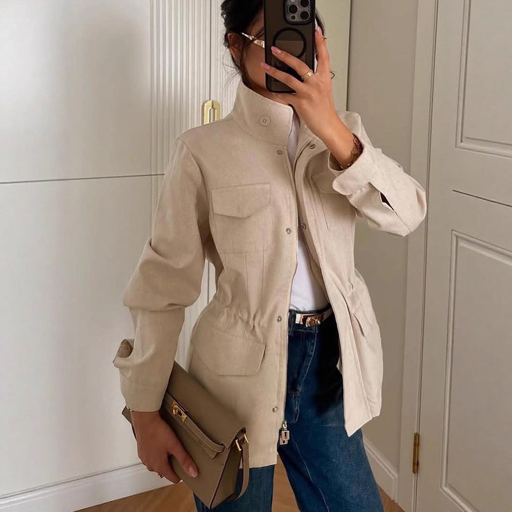 Women's oversized field jacket made of wool blend with stand-up collar and applied flap pockets