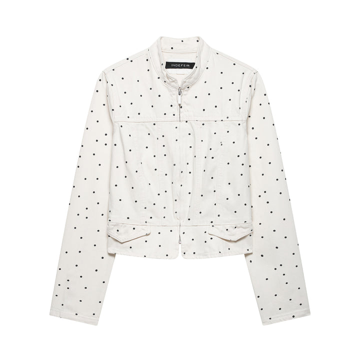Women's Polka Dot Cropped Denim Jacket with Stand-up Collar, Zipper and Flap Pockets Mune Fashion